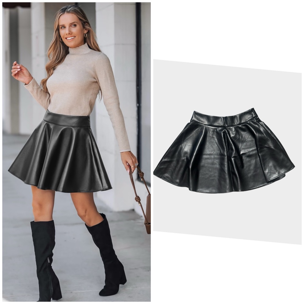 NEW Cupshe Black Faux Leather Flared Mini Skirt, Large